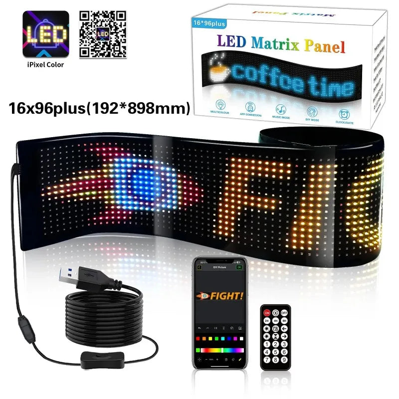 LED Matrix Pixel Panel USB 5V RGB Car Sign Bluetooth App Control Flexible Addressable Pattern Graffiti Scrolling Text Animation