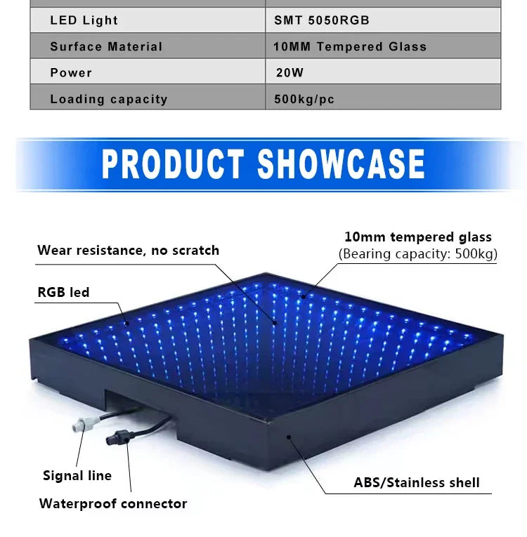 0.5x0.5m Stage LED Dance Floor Light 3d Mirror Abyss Tempered Glass LED Dancing Floor Tiles for DJ Disco Club Wedding Party