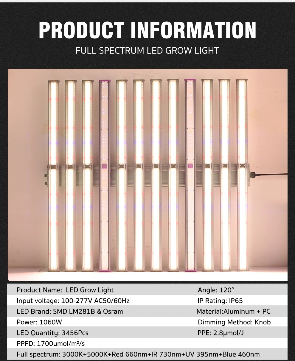 Full Spectrum 1060W AC100-277V IP65 Waterproof Dimmable & LED Chip SMD281B Easy Installation LED Grow Light
