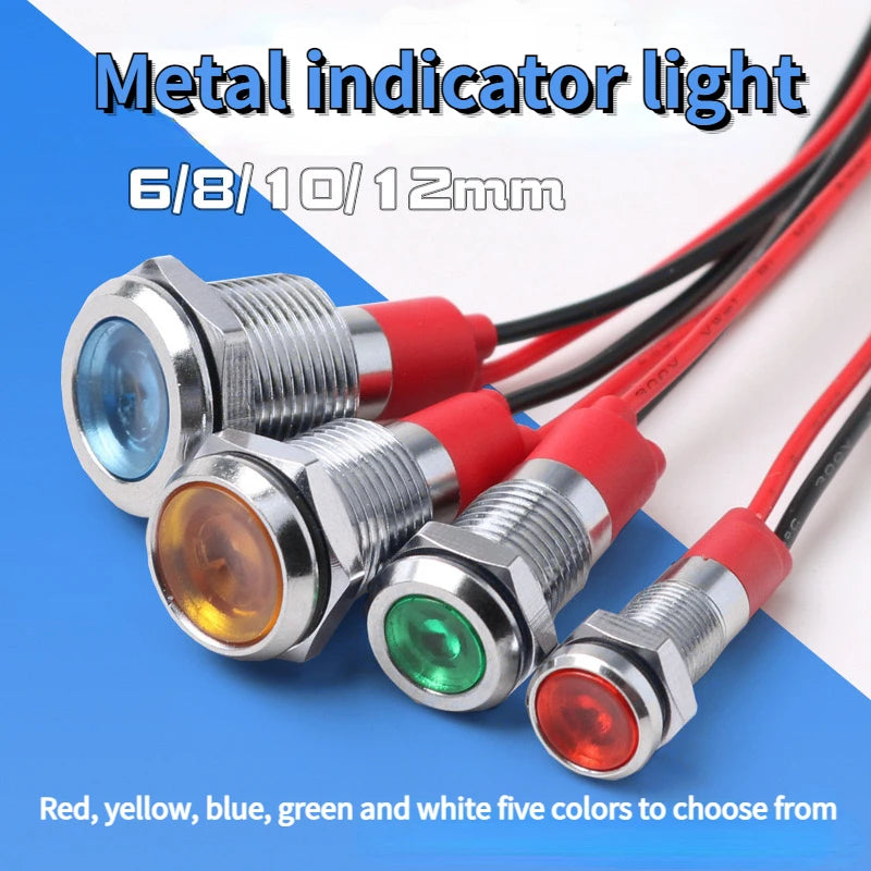 6mm 8mm 10mm 12mm LED Metal Indicator light waterproof Signal lamp with wire 3V 5V 6V 12V 24V 220v red yellow blue green white