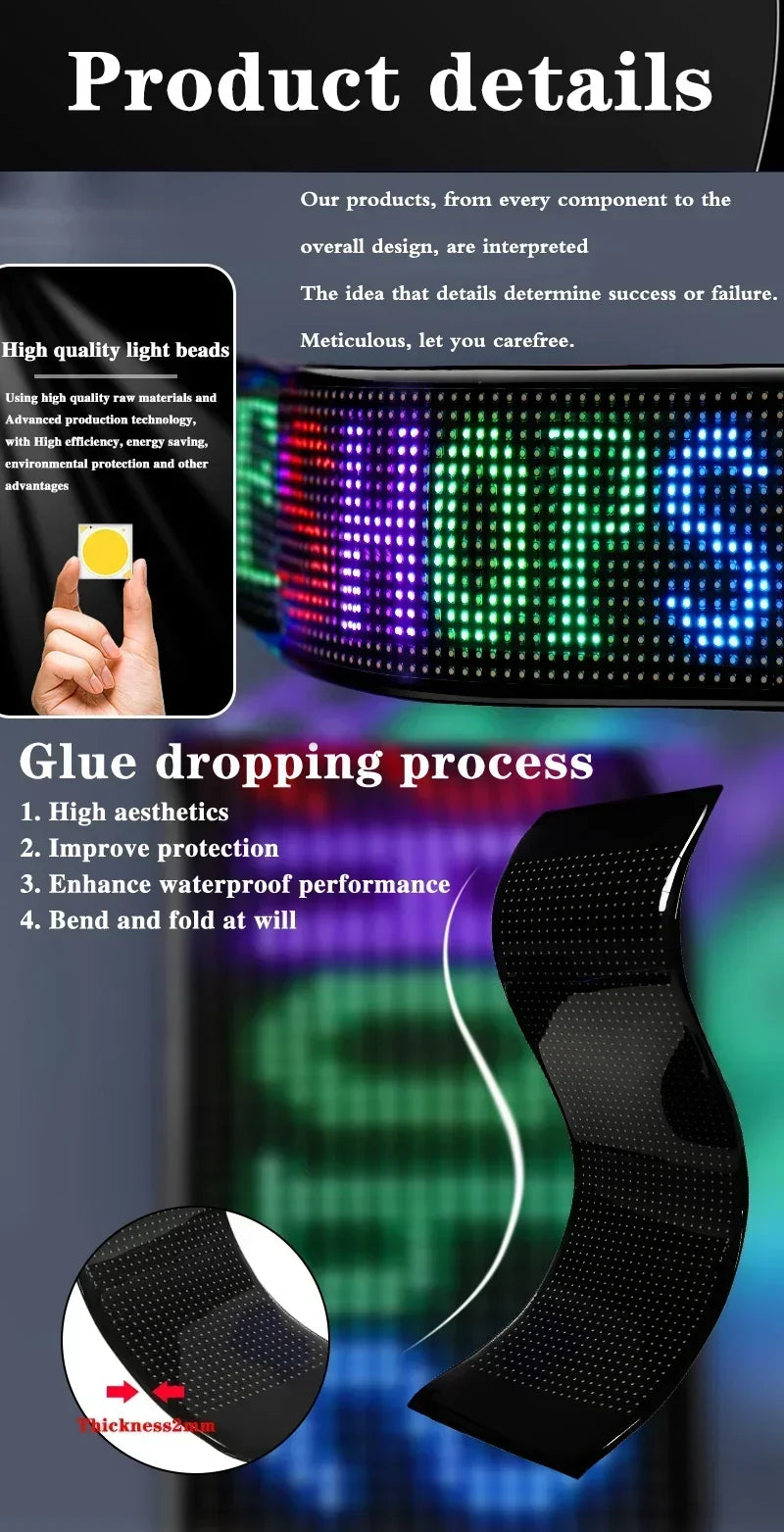 LED Matrix Pixel Screen App Bluetooth Control Flexible Display Screen DIY Programmable USB Plug-in Car Stores Hotels Bars Party