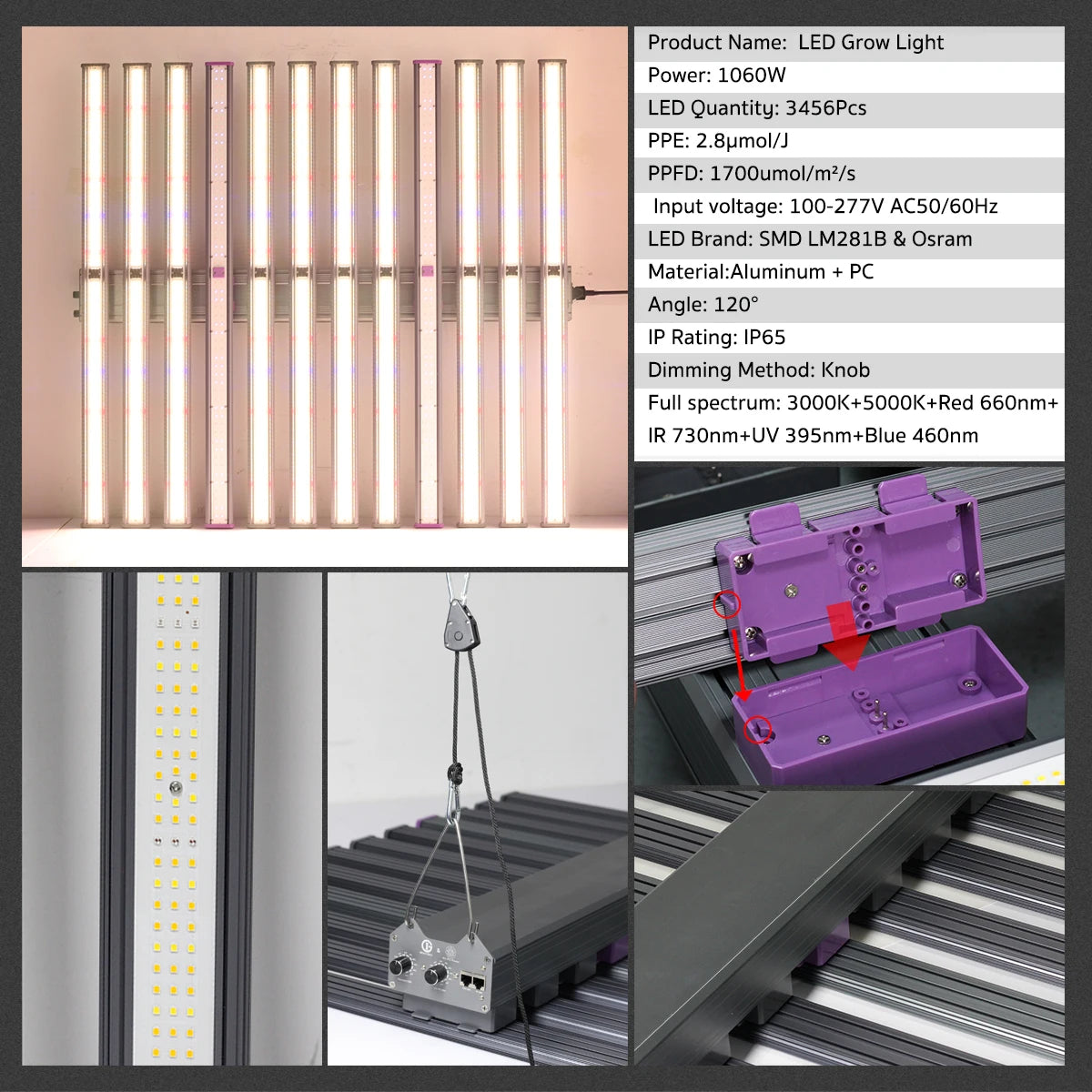 Full Spectrum 1060W AC100-277V IP65 Waterproof Dimmable & LED Chip SMD281B Easy Installation LED Grow Light