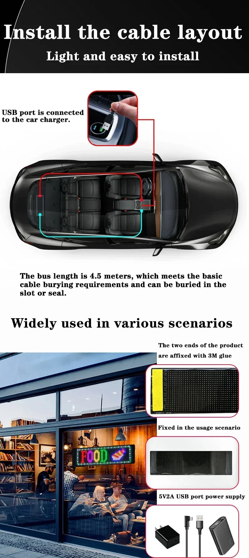 LED Matrix Pixel Panel, Scrolling Bright Advertising LED Signs, Flexible USB 5V LED Car Sign Bluetooth App Control