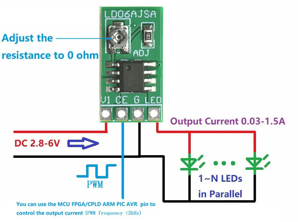 DC 3.3V 3.7V 5V LED Driver 30-1500MA Constant Current Adjustable Module PWM Control Board For USB LED Flashlight 18650 Li-ion