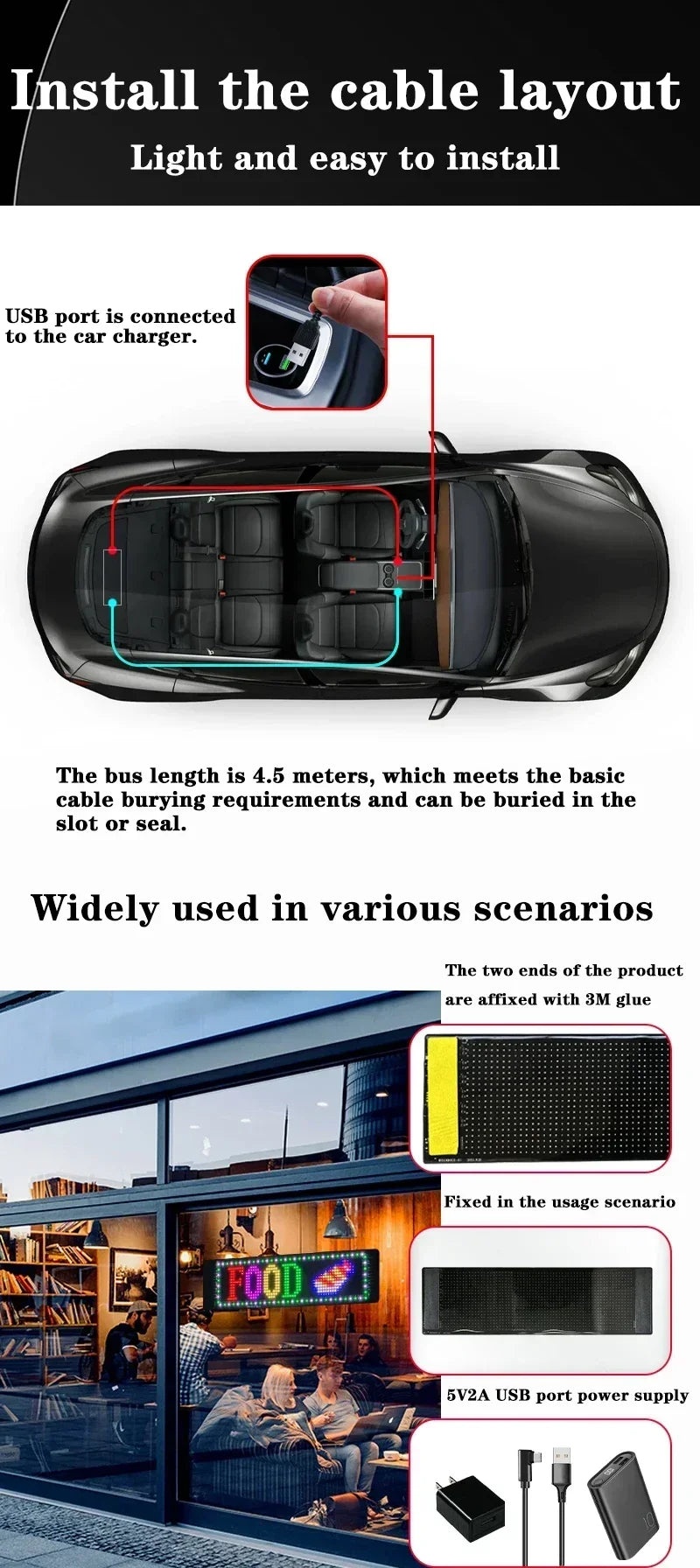 LED Matrix Pixel Screen App Bluetooth Control Flexible Display Screen DIY Programmable USB Plug-in Car Stores Hotels Bars Party