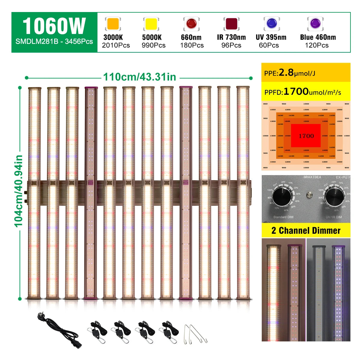 Full Spectrum 1060W AC100-277V IP65 Waterproof Dimmable & LED Chip SMD281B Easy Installation LED Grow Light
