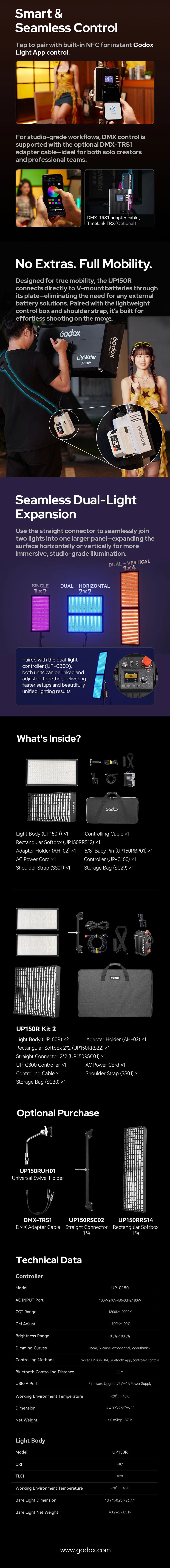Godox LiteWafer UP150R RGB 1800-10000K LED Light Panel CRI 97 TLCI 98 Quick-Release Mounting System 14 Lighting Effects